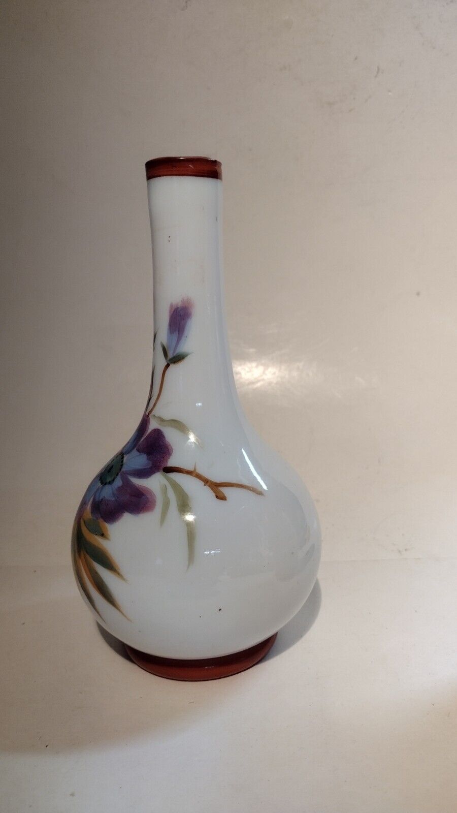1800's Hand Painted Thin White Glass Vase