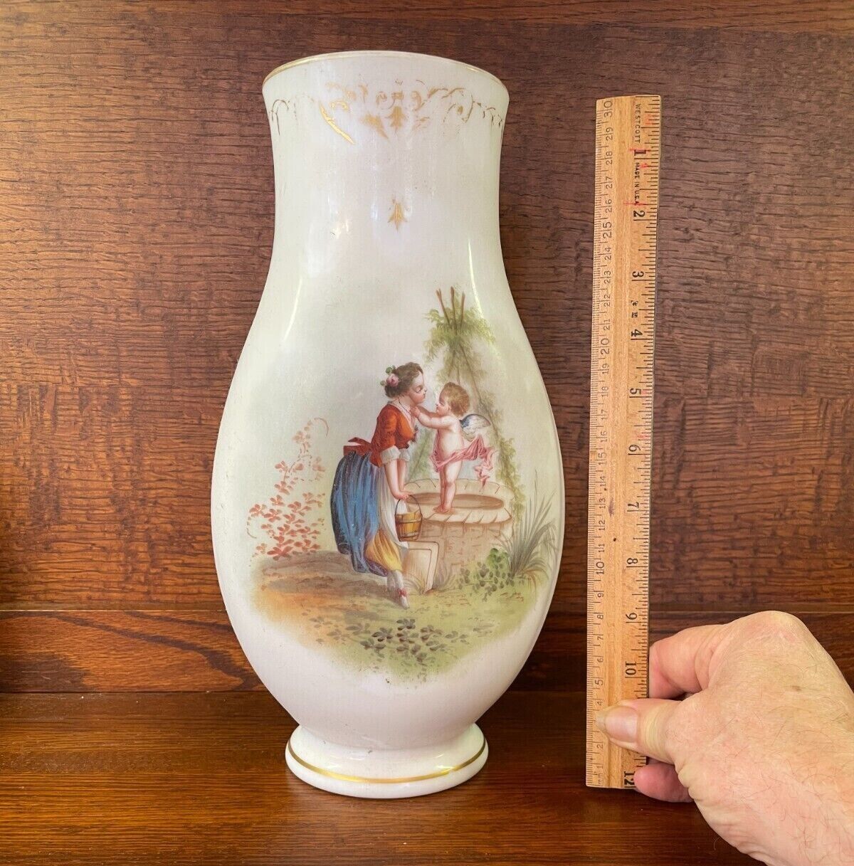 1800's French White Opaline Glass Hand Painted Cherub