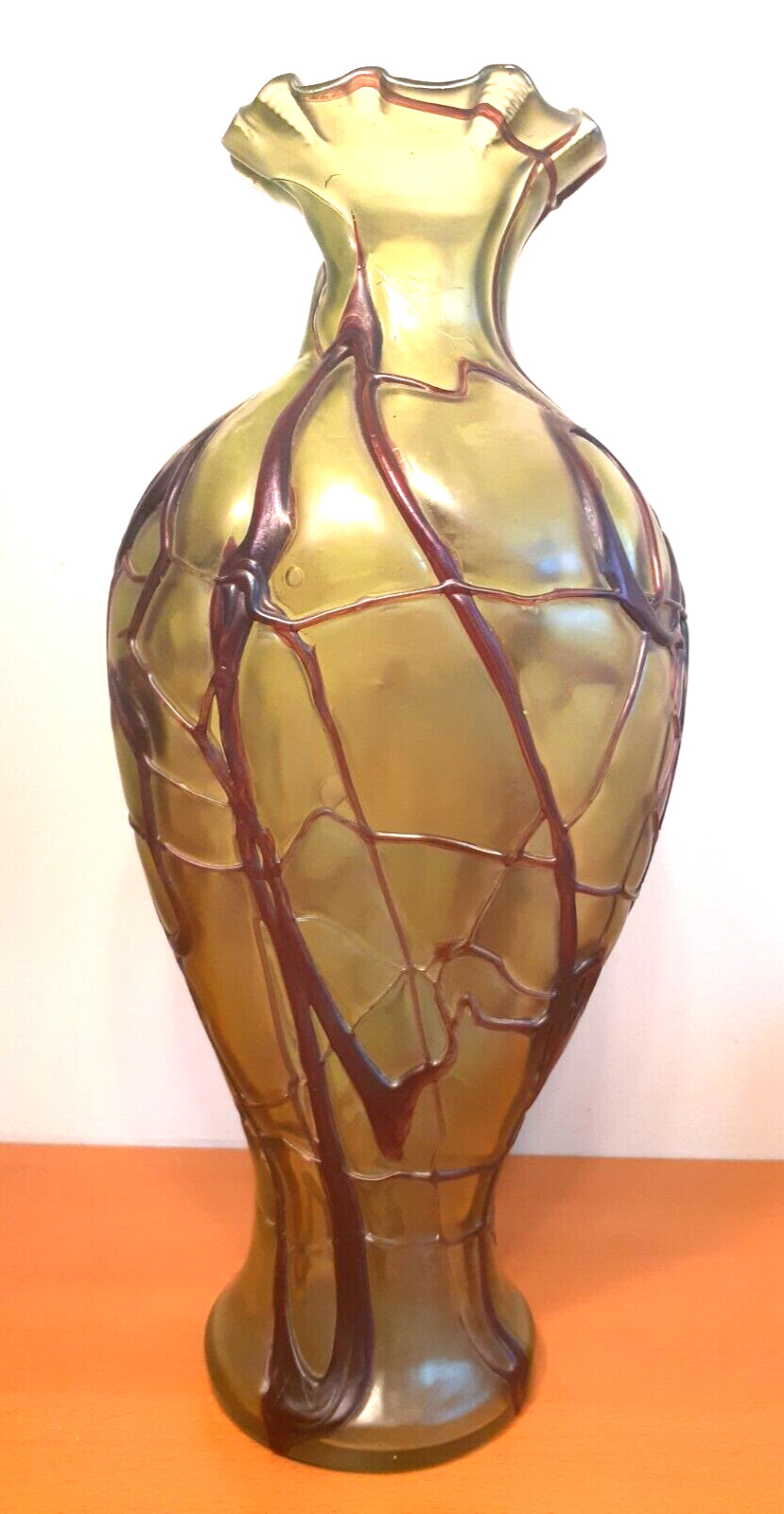 Tall 15" Pallme-Konig Green Veined Art Glass Vase
