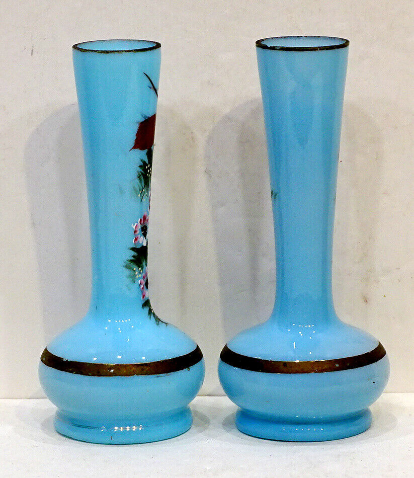1800's Blue Bristol Glass Victorian Vase with Enamel Flowers
