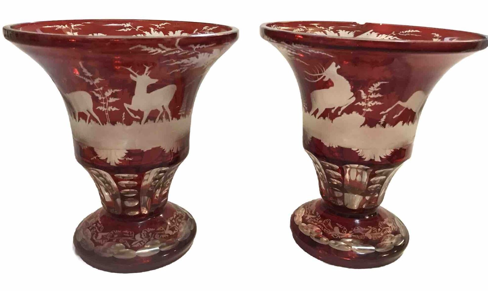 Bohemian Ruby Red Cut Glass Vases Set