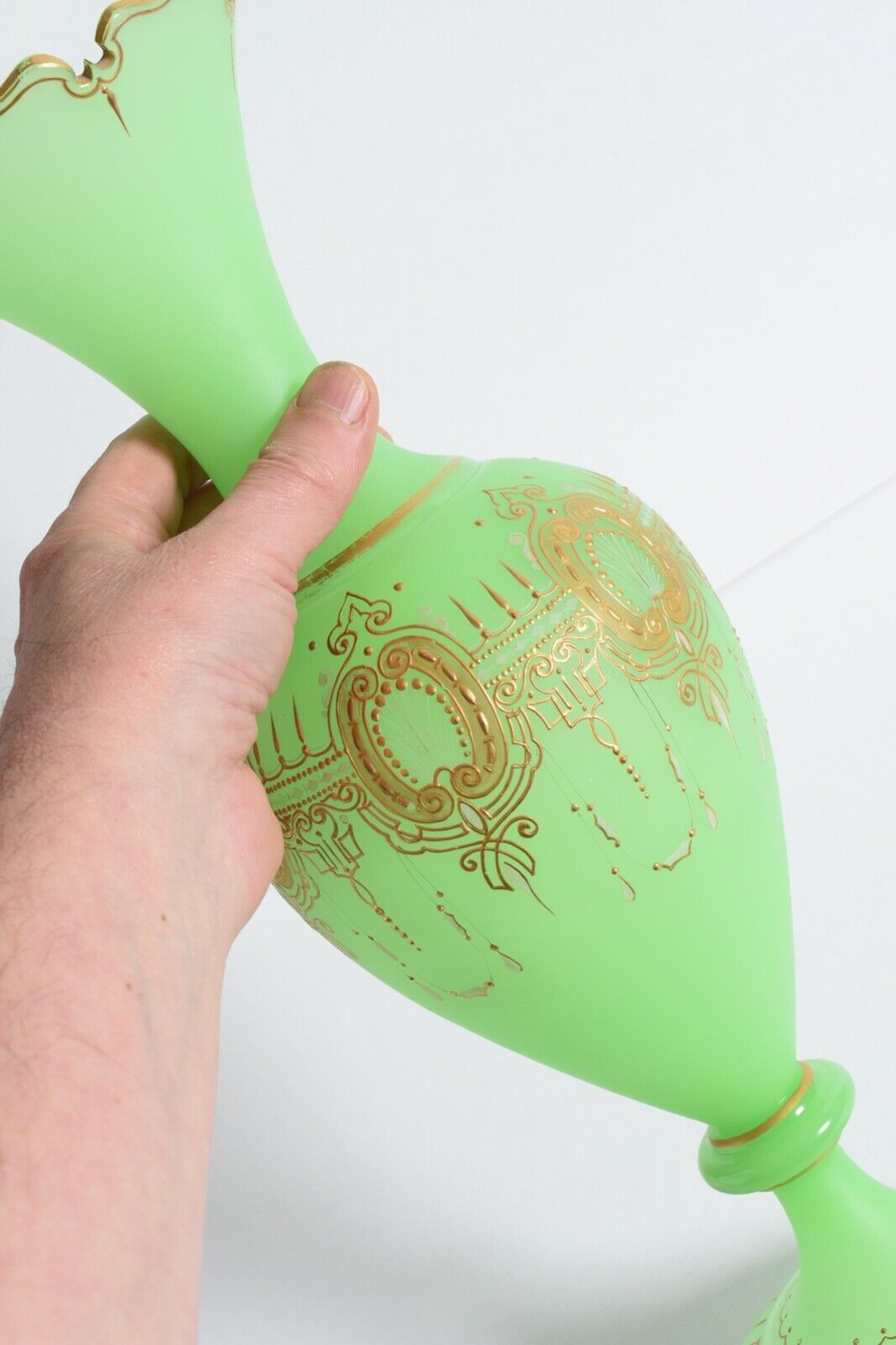 1800s French Opaline Glass Vase: Green and Gold