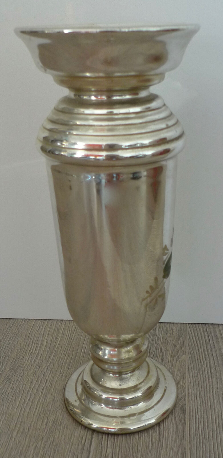 1800's Mercury Glass Vase with Enamel Florals