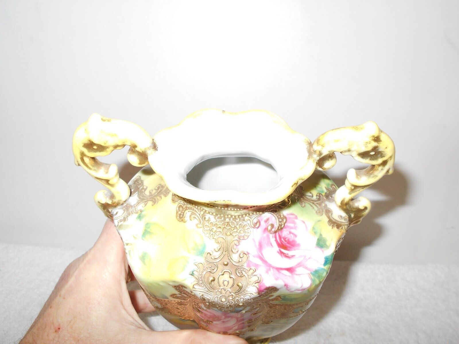 Antique Nippon Hand-Painted Rose Beaded Vase