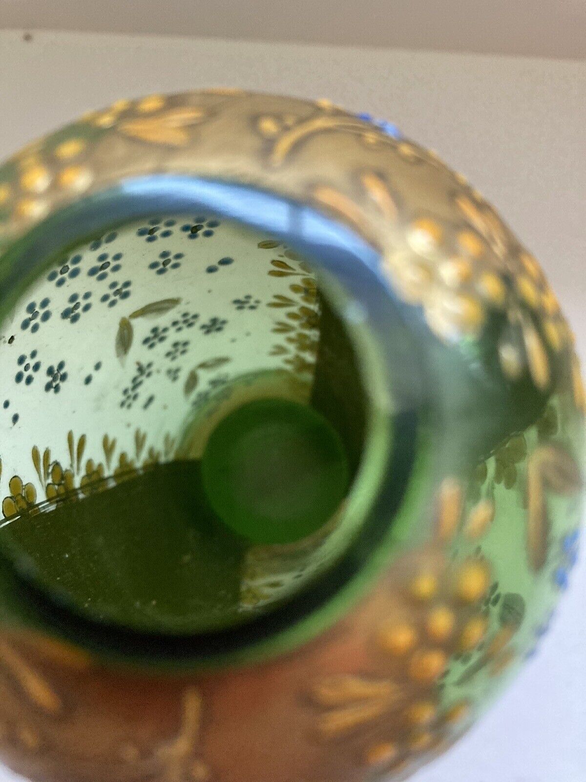 Vintage Austria Art Glass Gold Yellow Enamel Green Vase