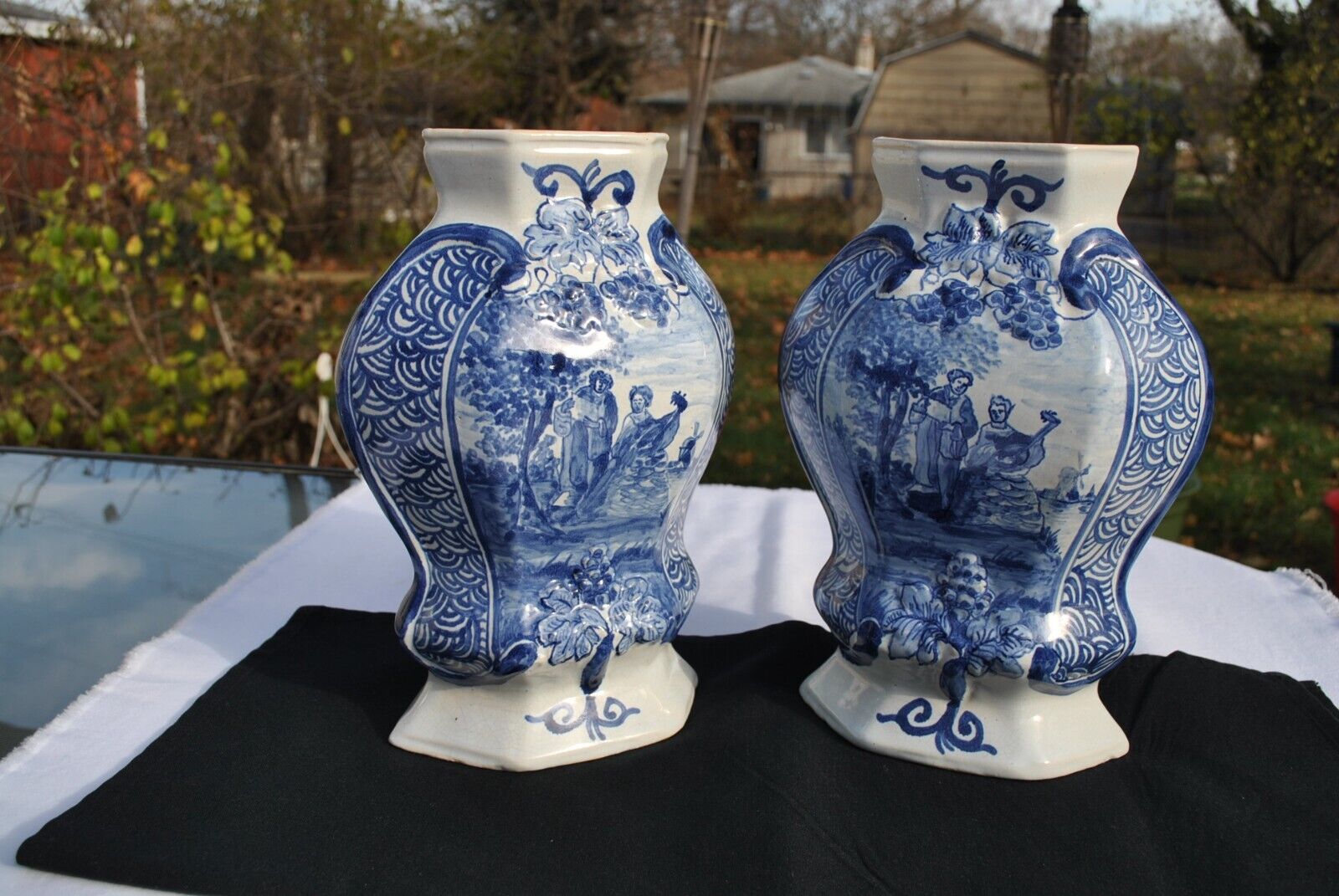 Delft 19th Century Flared Hexagonal Vases Pair