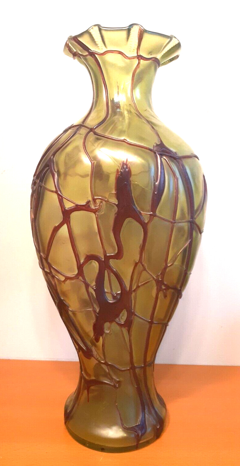 Tall 15" Pallme-Konig Green Veined Art Glass Vase