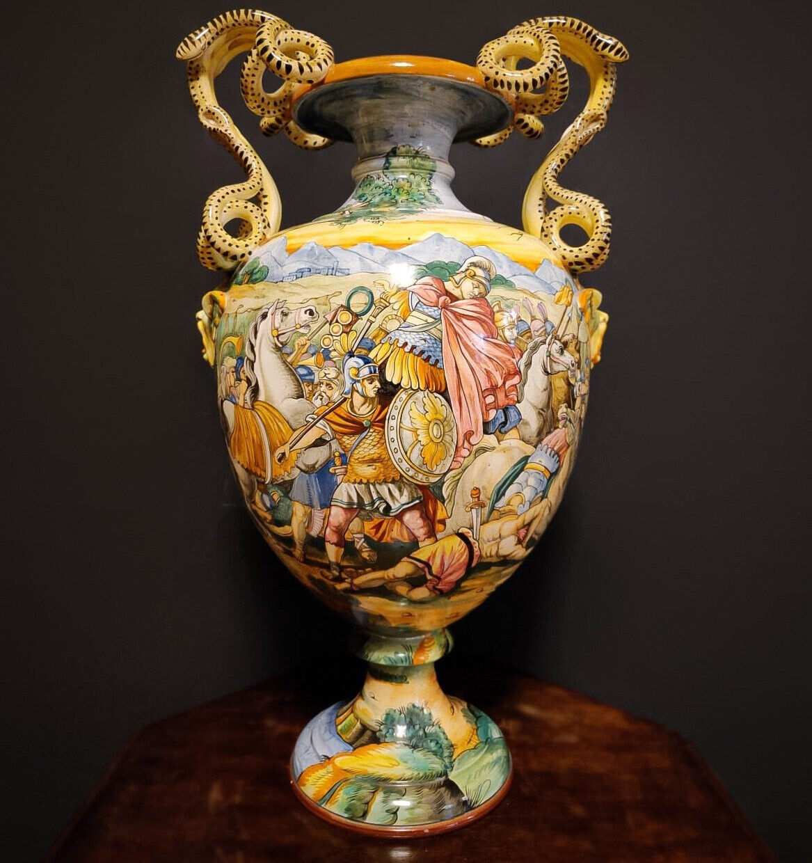 XL Italian Majolica Vase - Roman Battle Scene 1900s