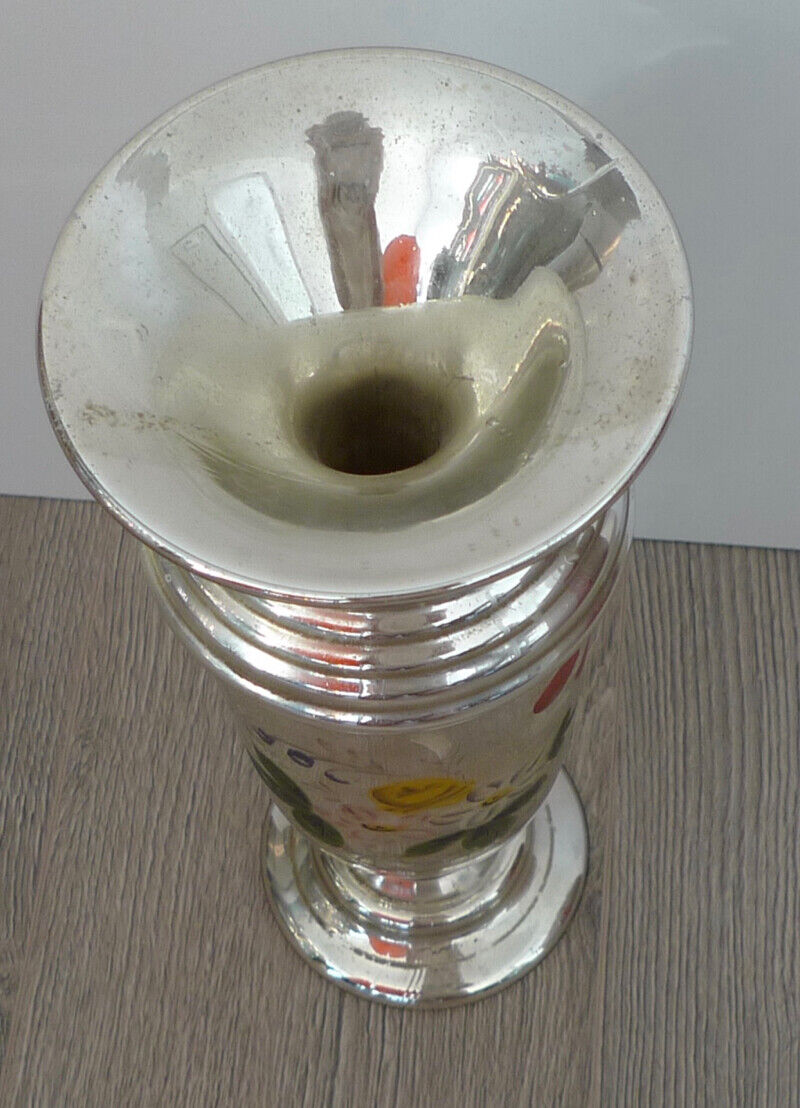 1800's Mercury Glass Vase with Enamel Florals