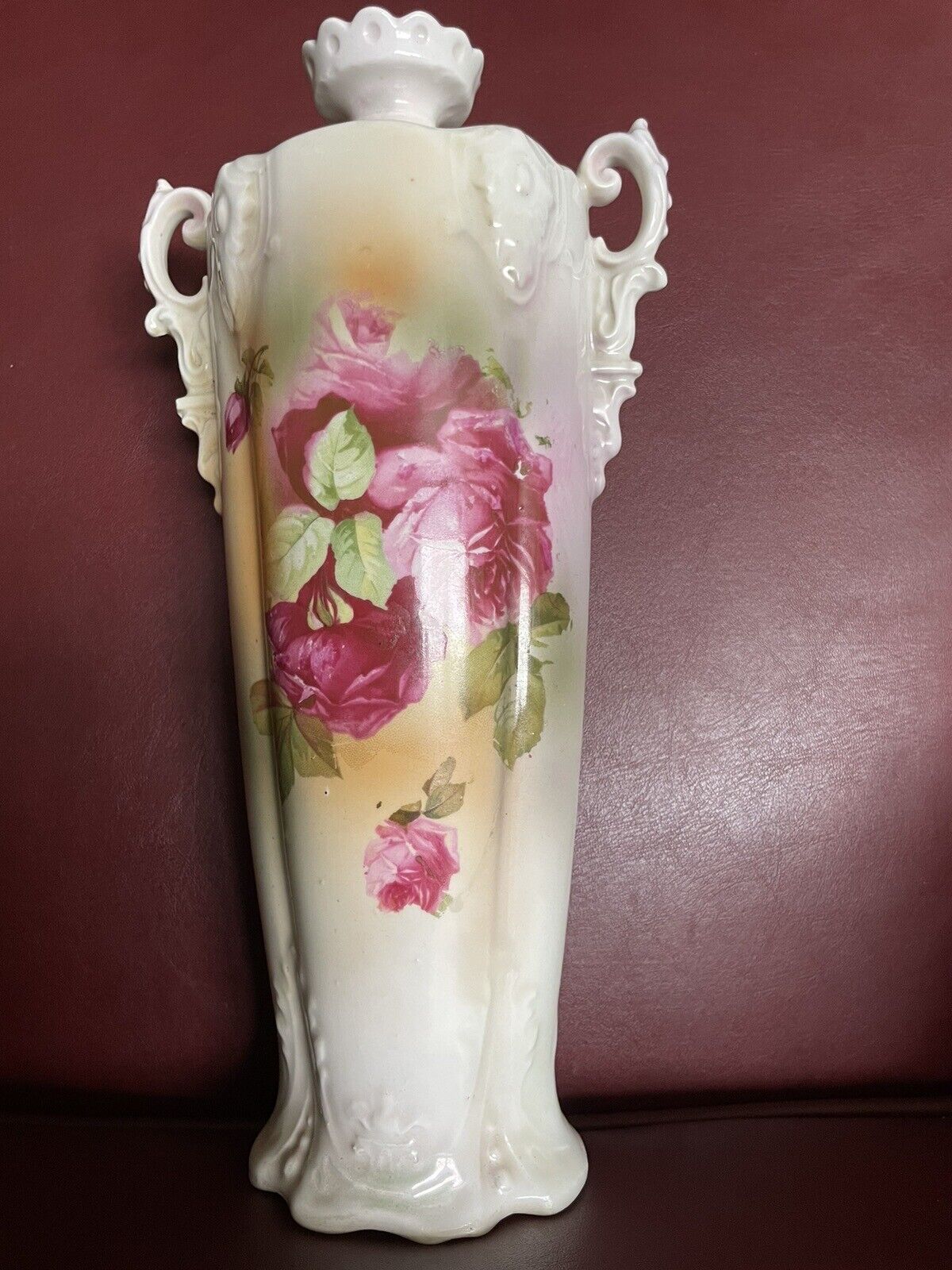 Handpainted Ceramic German Rose Vase, Early 1900s Erdmann Suhl