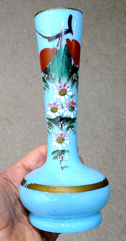 1800's Blue Bristol Glass Victorian Vase with Enamel Flowers