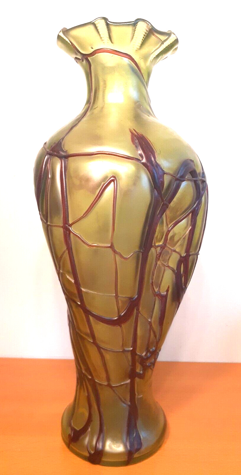 Tall 15" Pallme-Konig Green Veined Art Glass Vase
