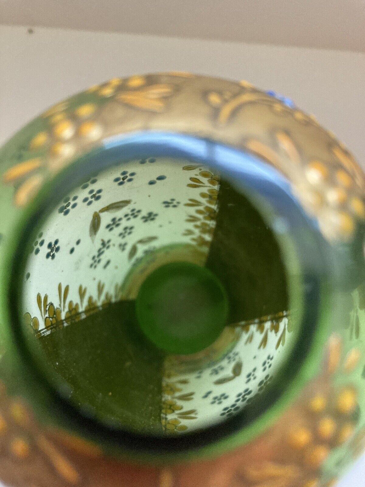 Vintage Austria Art Glass Gold Yellow Enamel Green Vase