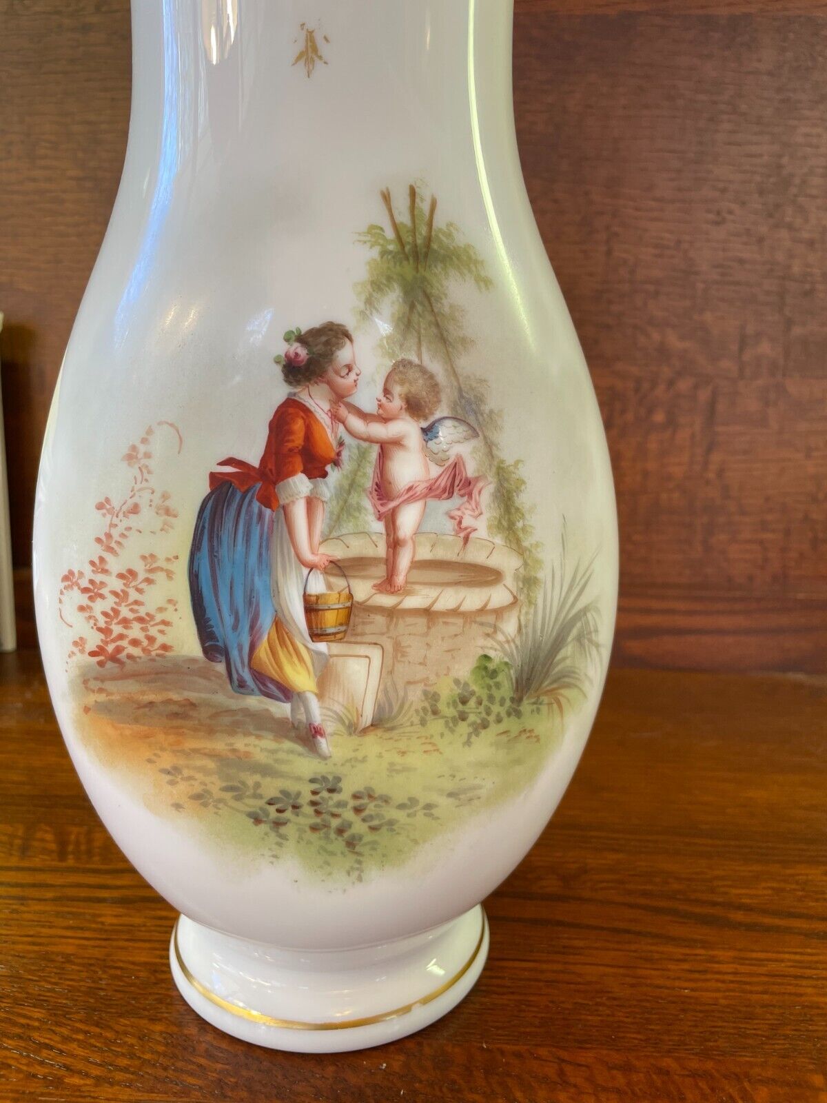1800's French White Opaline Glass Hand Painted Cherub