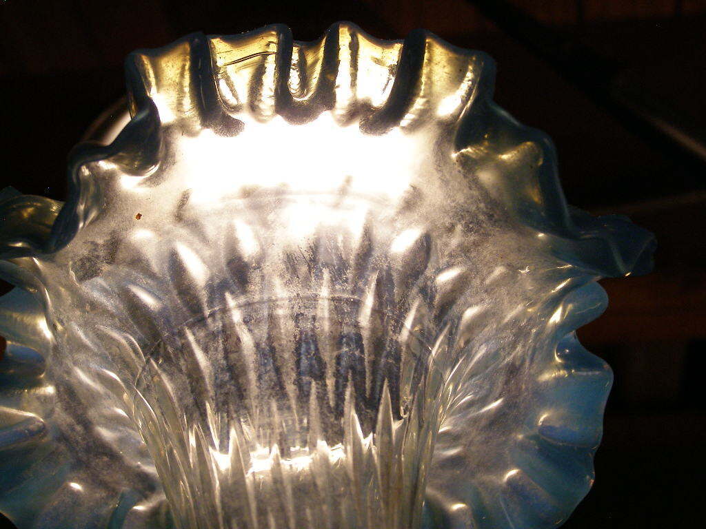 Neoclassical Cherub Art Opalescent Glass Epergne Trumpet Vase