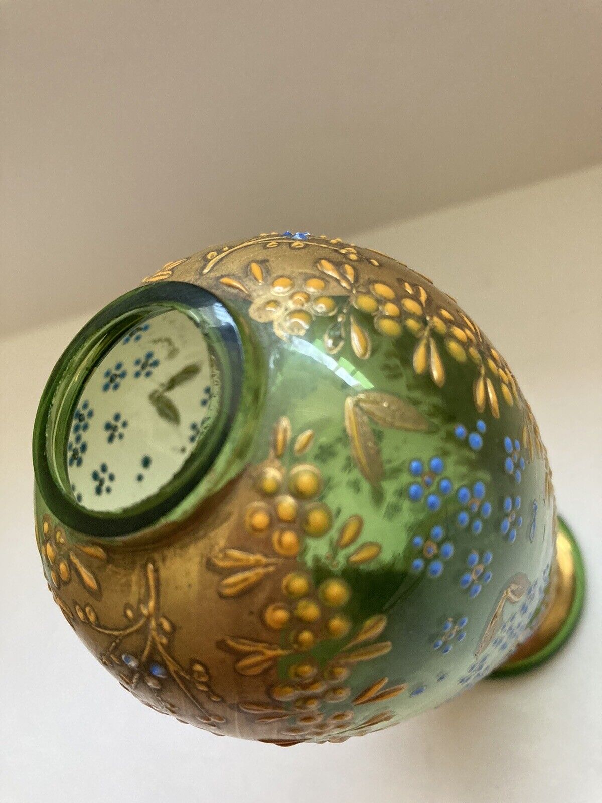 Vintage Austria Art Glass Gold Yellow Enamel Green Vase