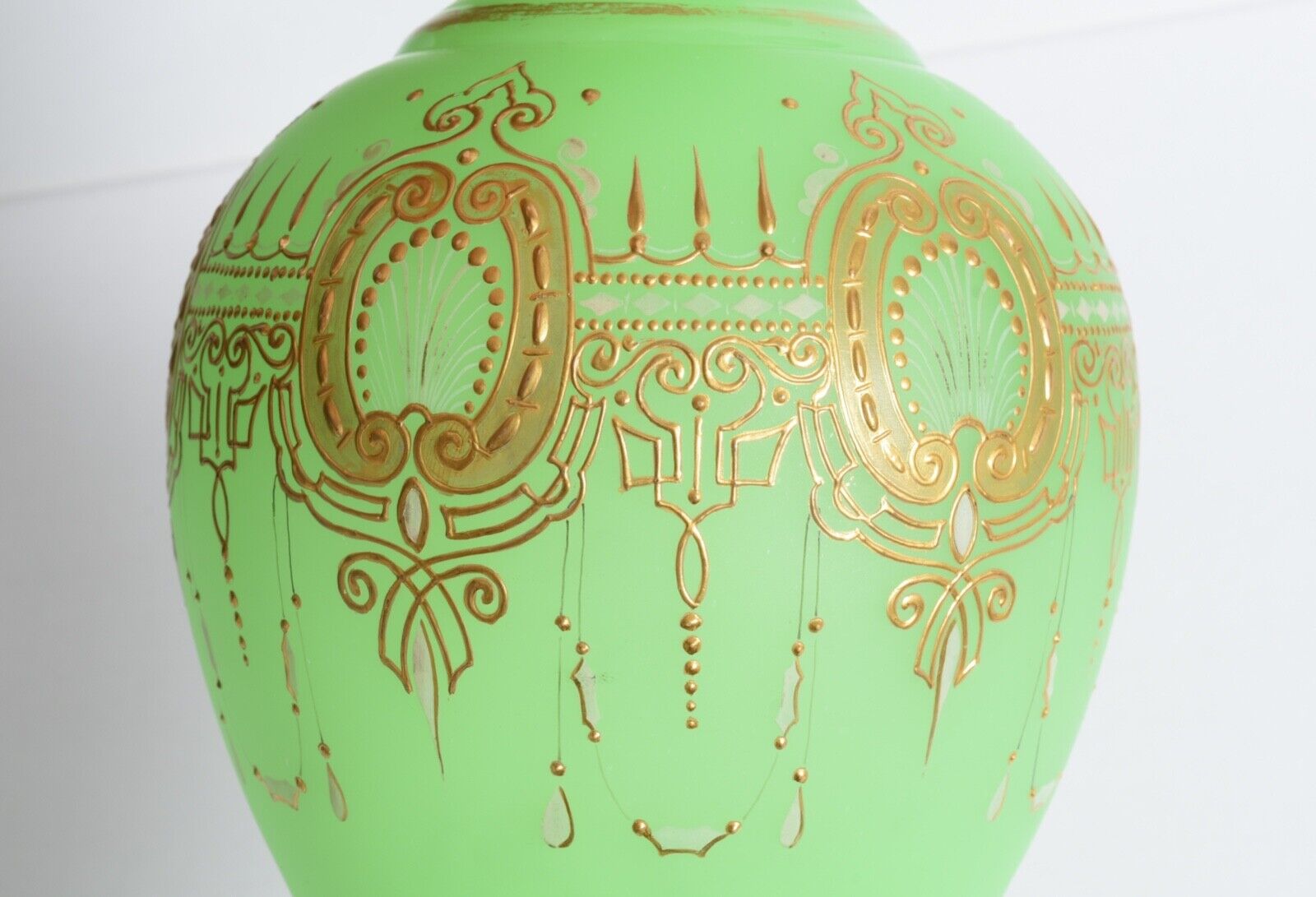 1800s French Opaline Glass Vase: Green and Gold