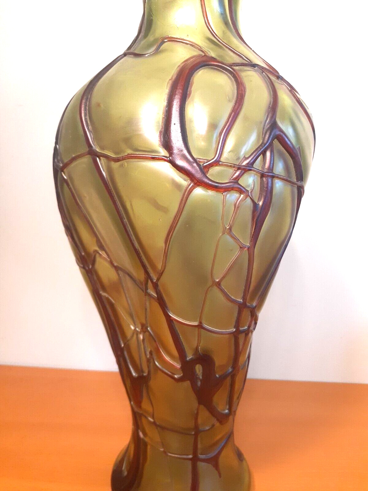 Tall 15" Pallme-Konig Green Veined Art Glass Vase
