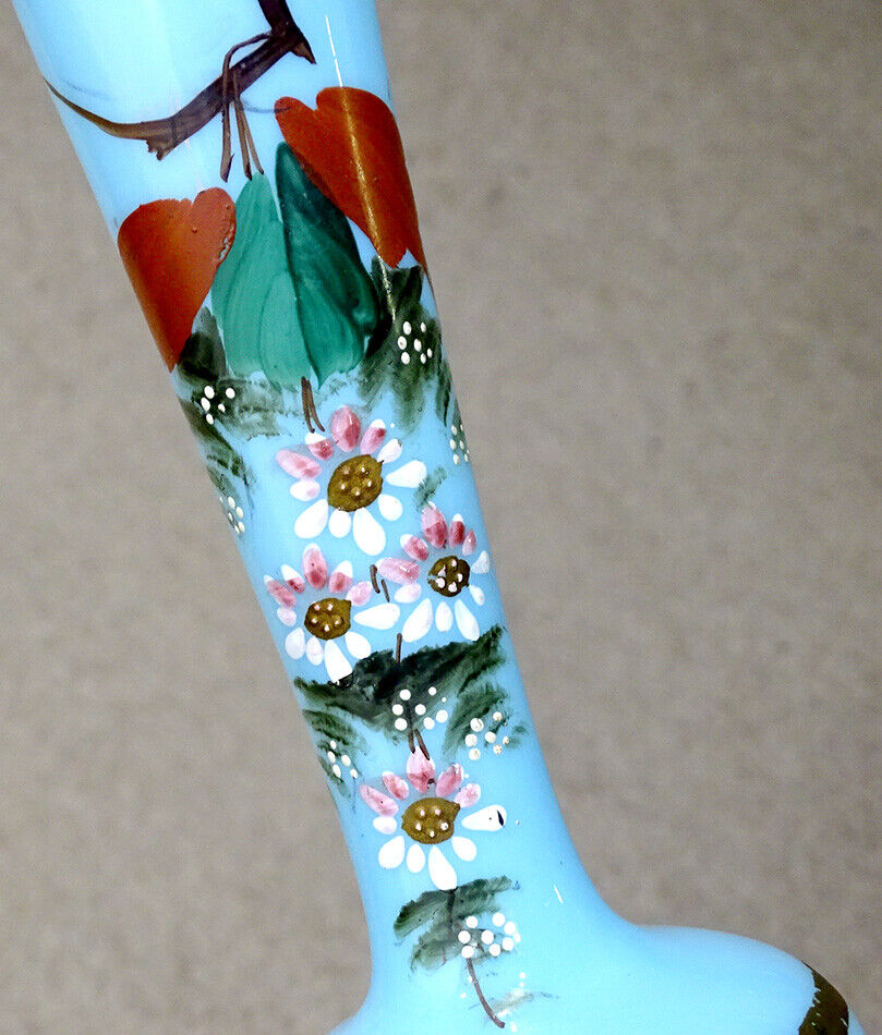 1800's Blue Bristol Glass Victorian Vase with Enamel Flowers