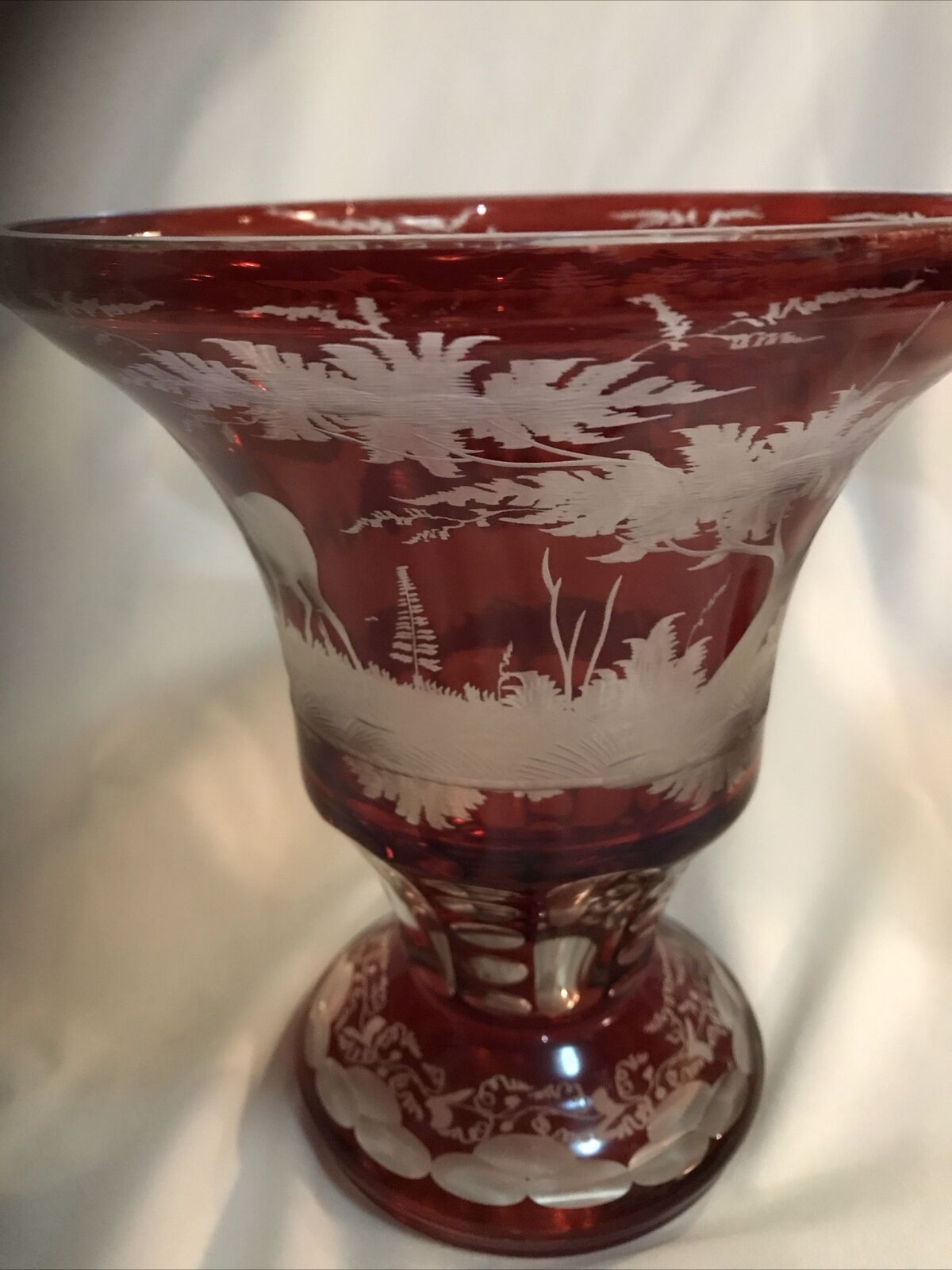 Bohemian Ruby Red Cut Glass Vases Set