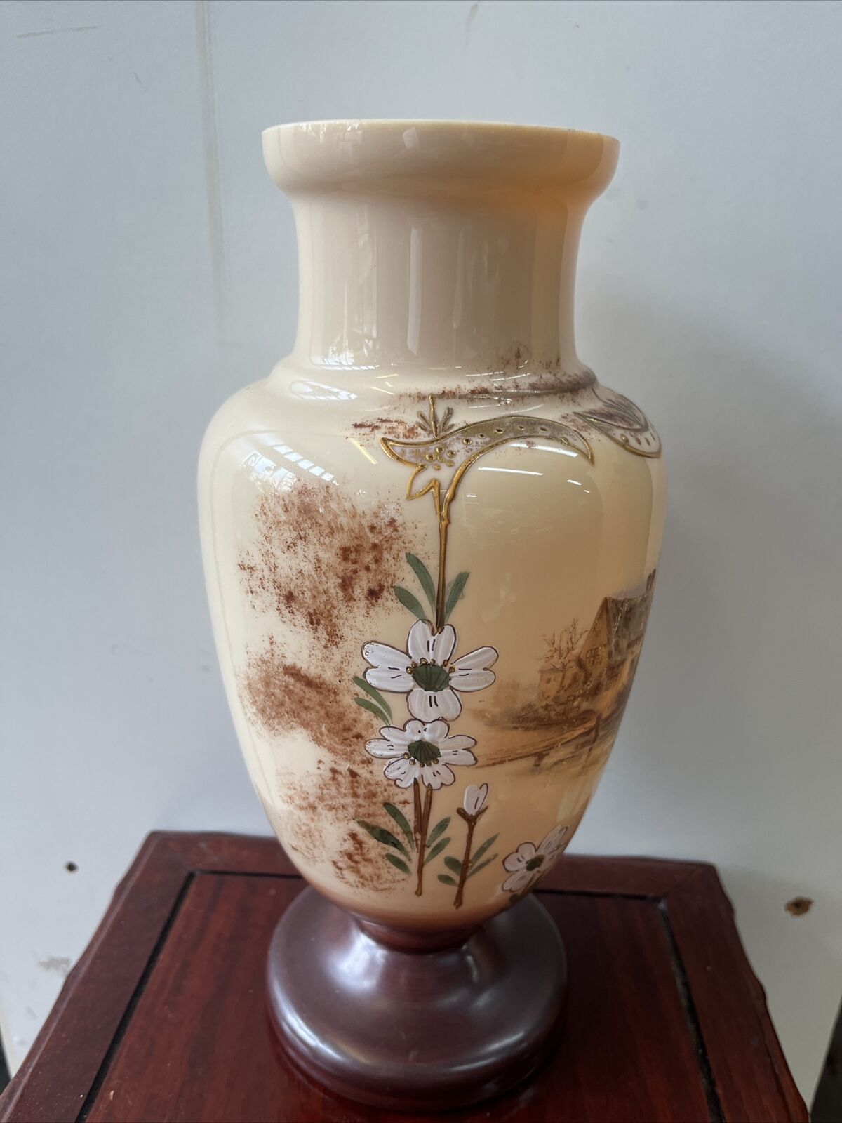 1900s Bristol Glass Floral Vase with Handpainted Design