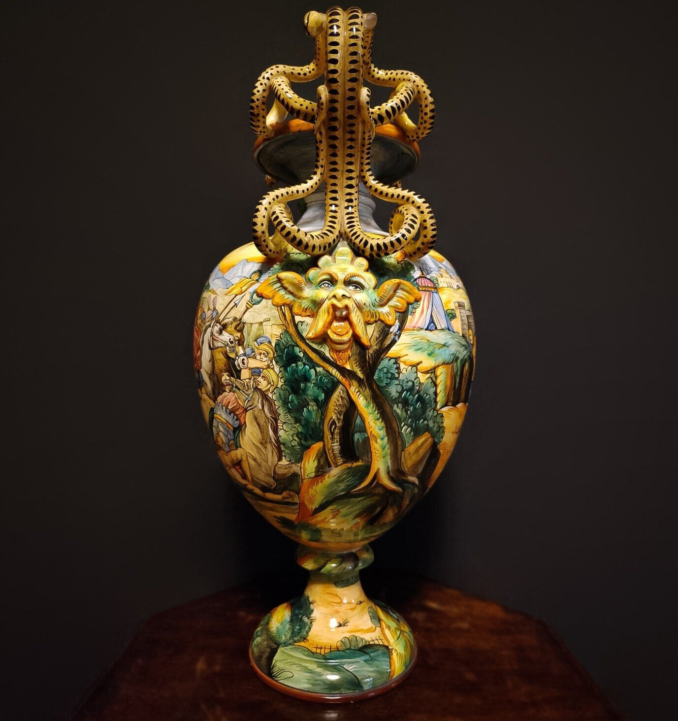 XL Italian Majolica Vase - Roman Battle Scene 1900s