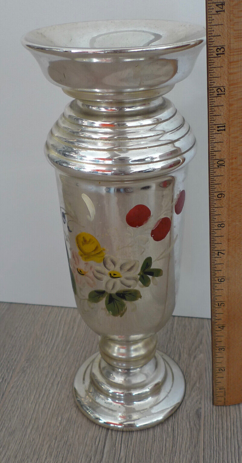 1800's Mercury Glass Vase with Enamel Florals