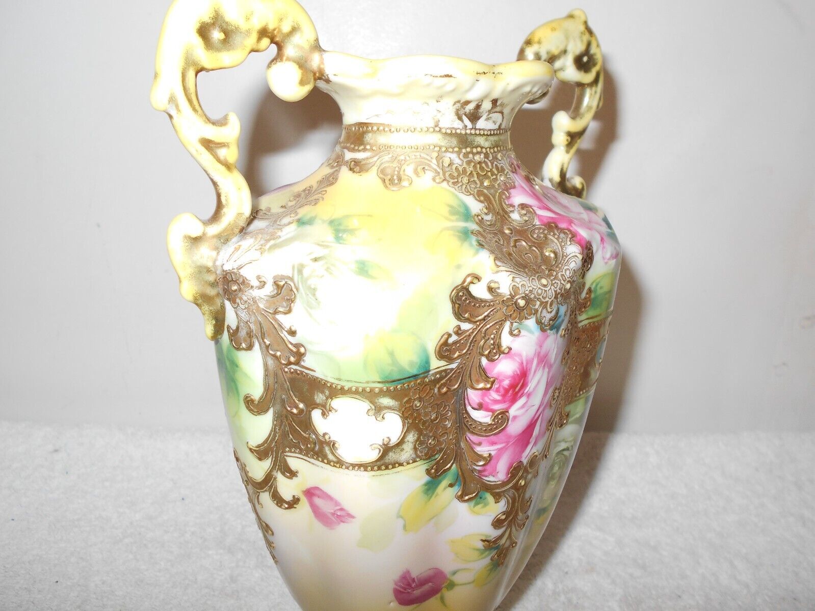 Antique Nippon Hand-Painted Rose Beaded Vase