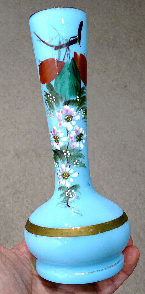 1800's Blue Bristol Glass Victorian Vase with Enamel Flowers