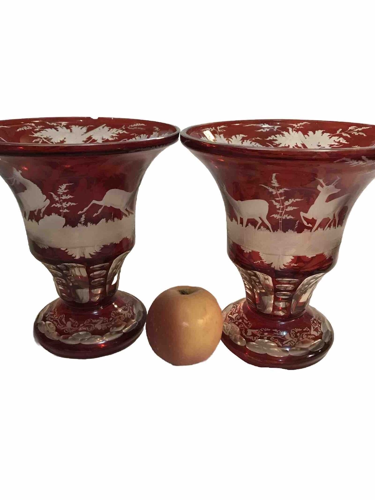 Bohemian Ruby Red Cut Glass Vases Set