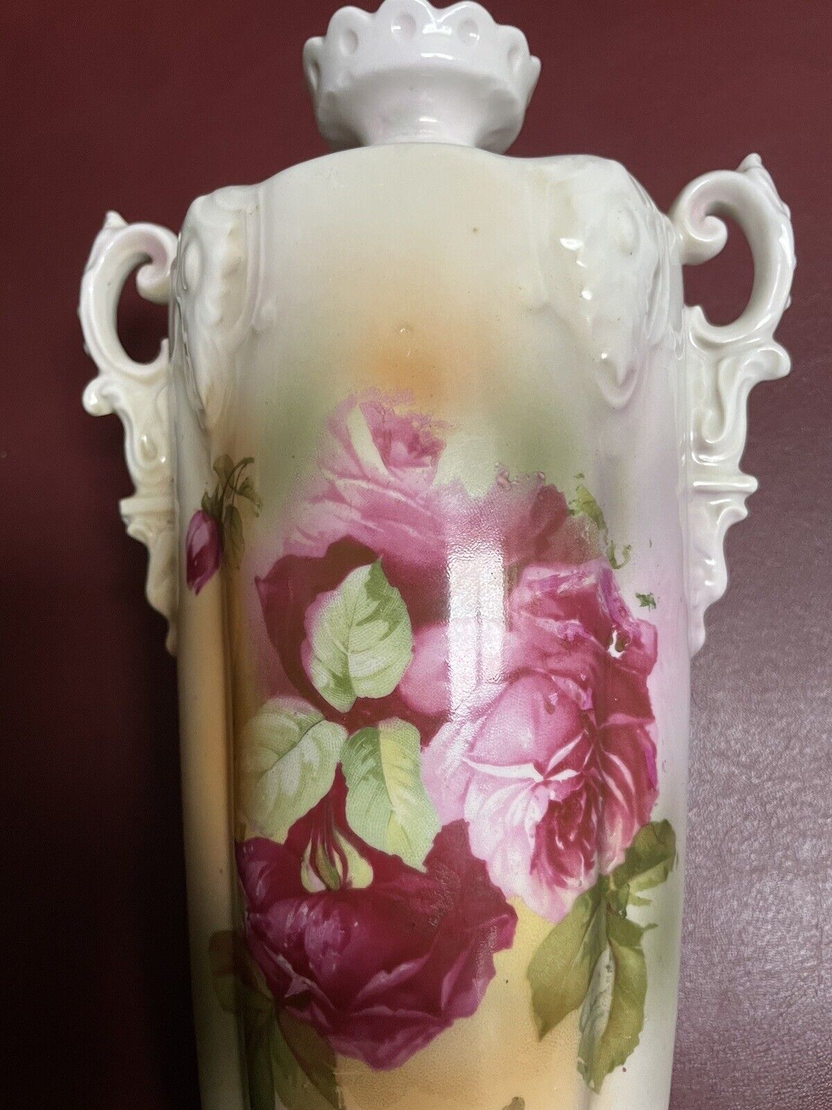 Handpainted Ceramic German Rose Vase, Early 1900s Erdmann Suhl