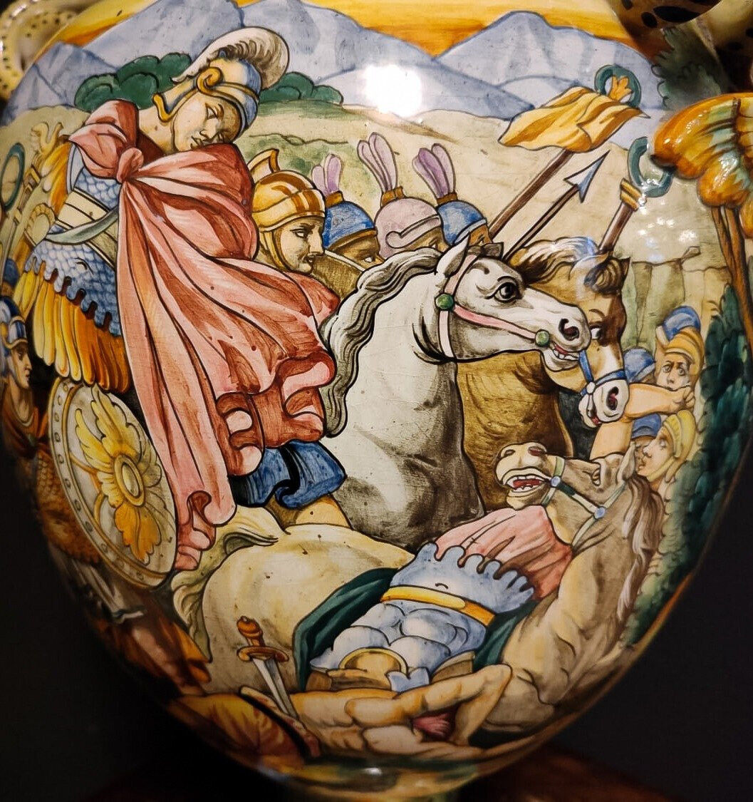 XL Italian Majolica Vase - Roman Battle Scene 1900s