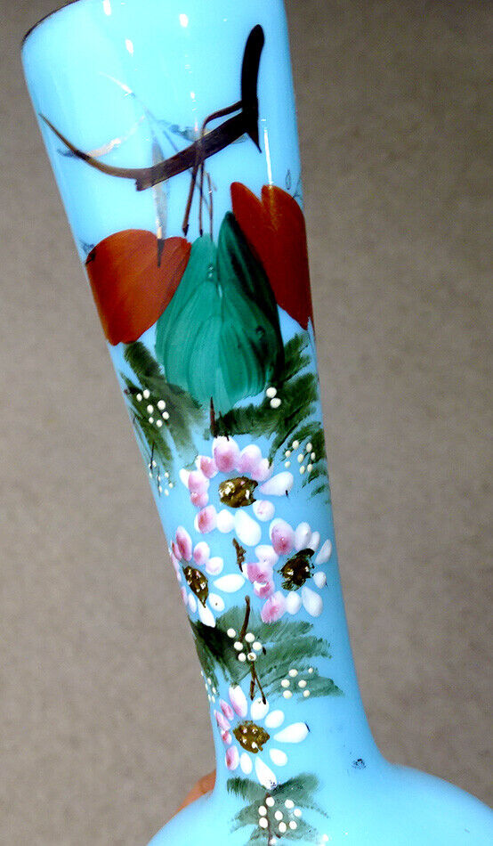 1800's Blue Bristol Glass Victorian Vase with Enamel Flowers