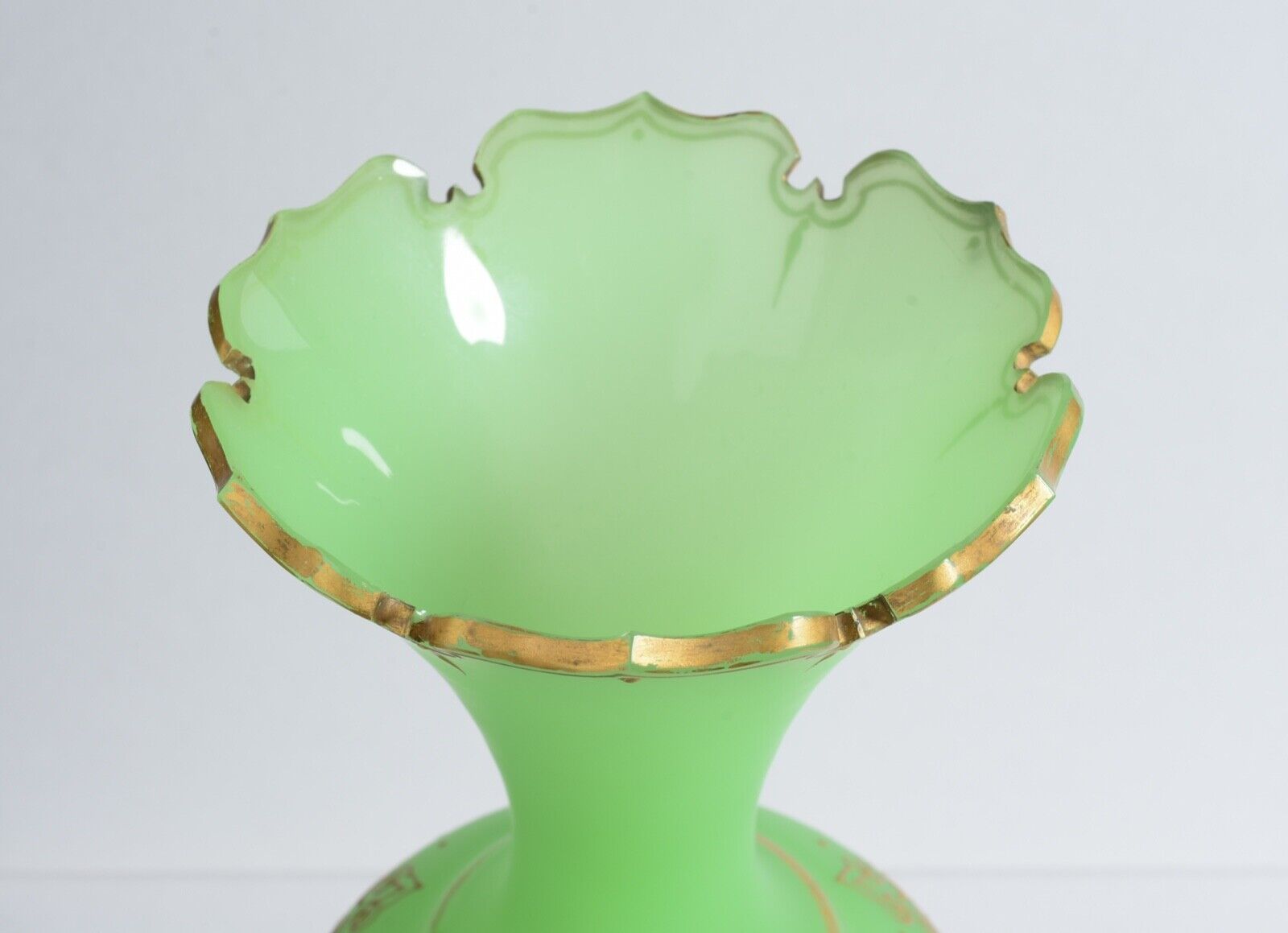1800s French Opaline Glass Vase: Green and Gold