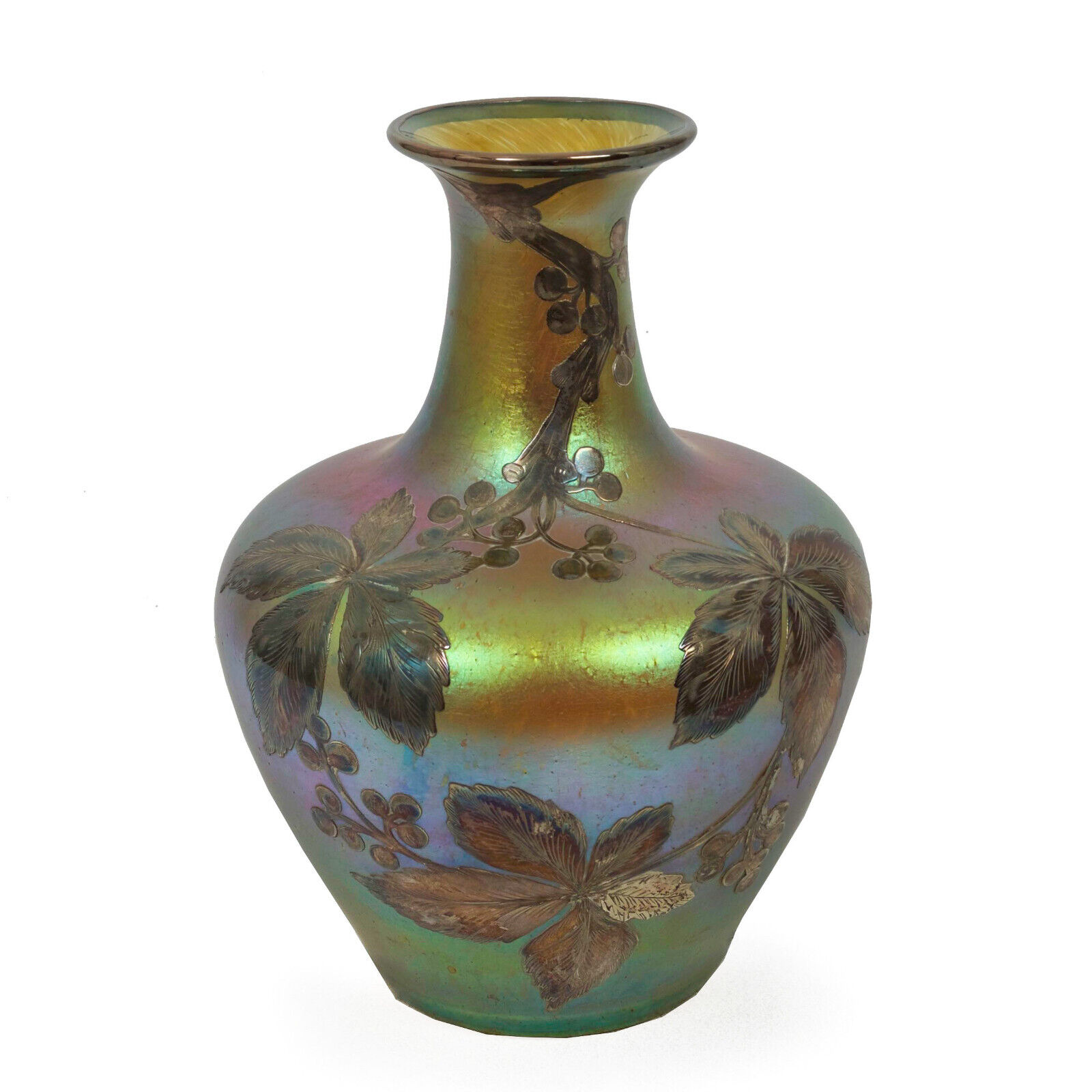 1900s Austrian Iridescent Glass Vase with Silver Overlay