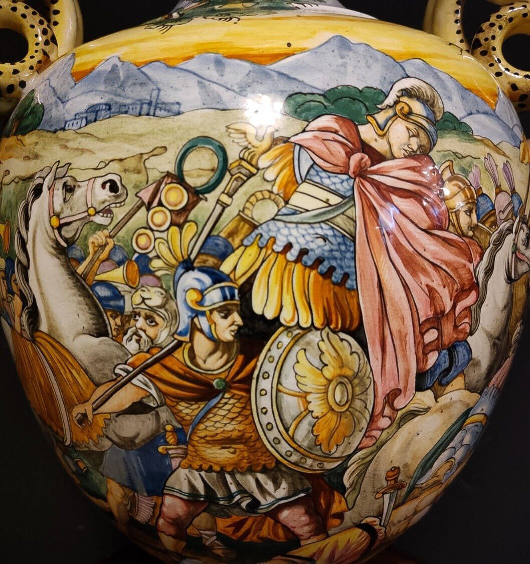 XL Italian Majolica Vase - Roman Battle Scene 1900s