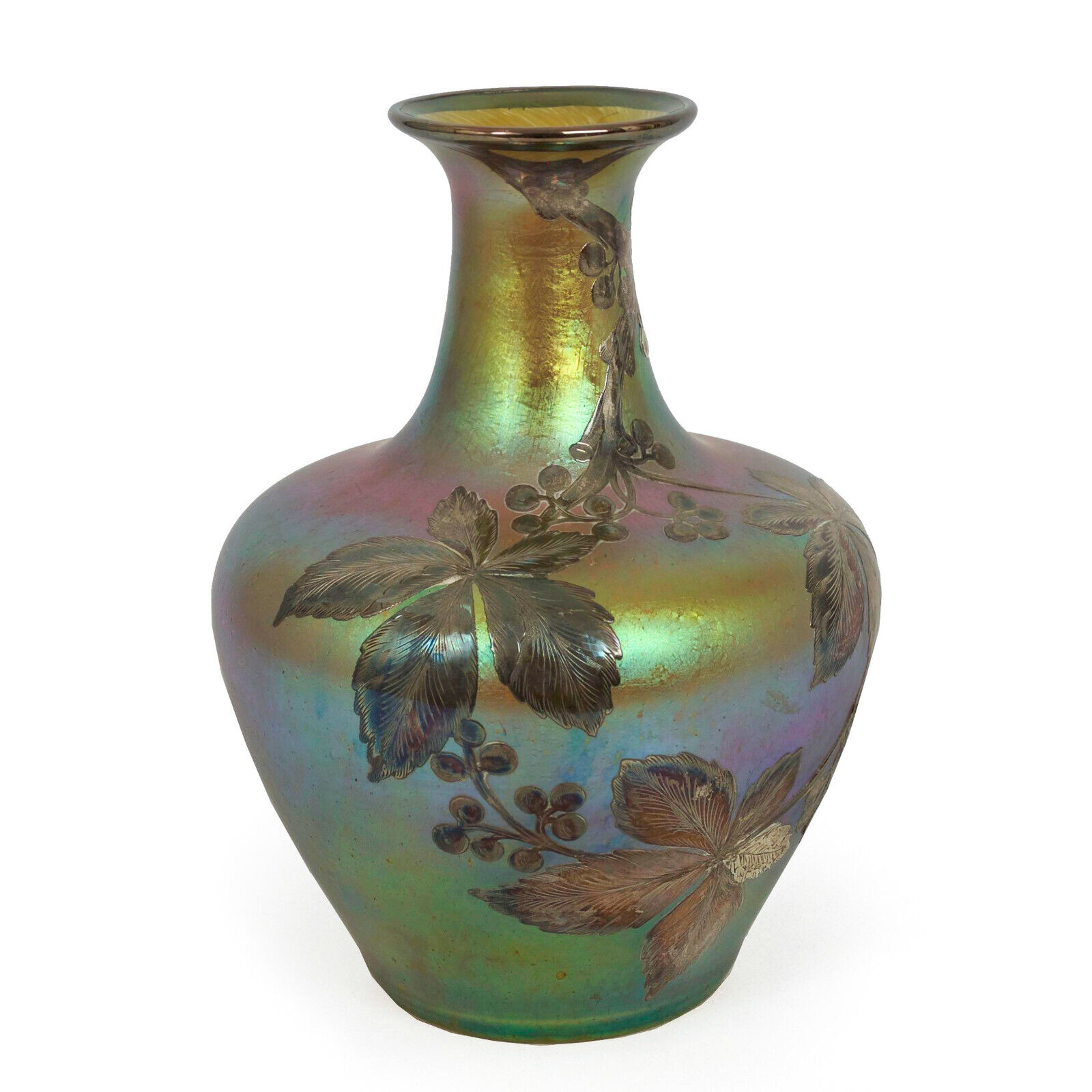 1900s Austrian Iridescent Glass Vase with Silver Overlay