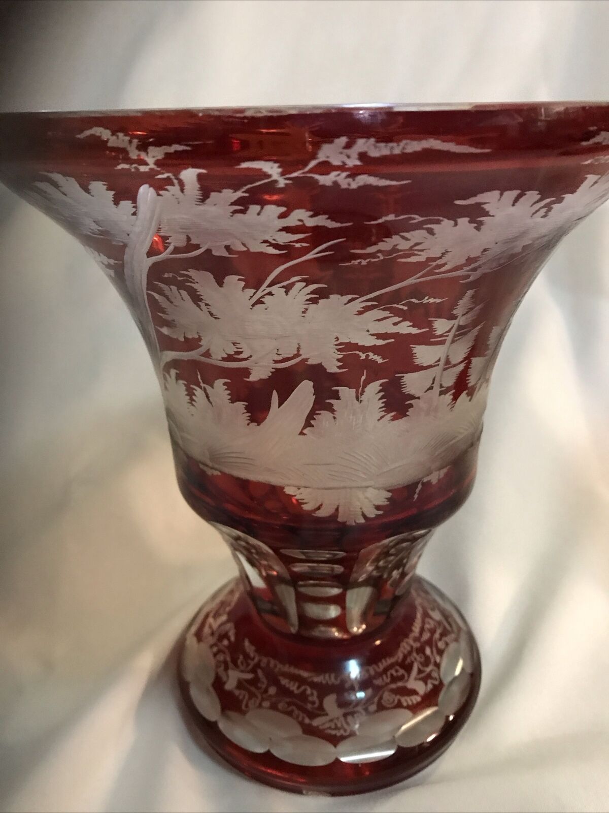 Bohemian Ruby Red Cut Glass Vases Set