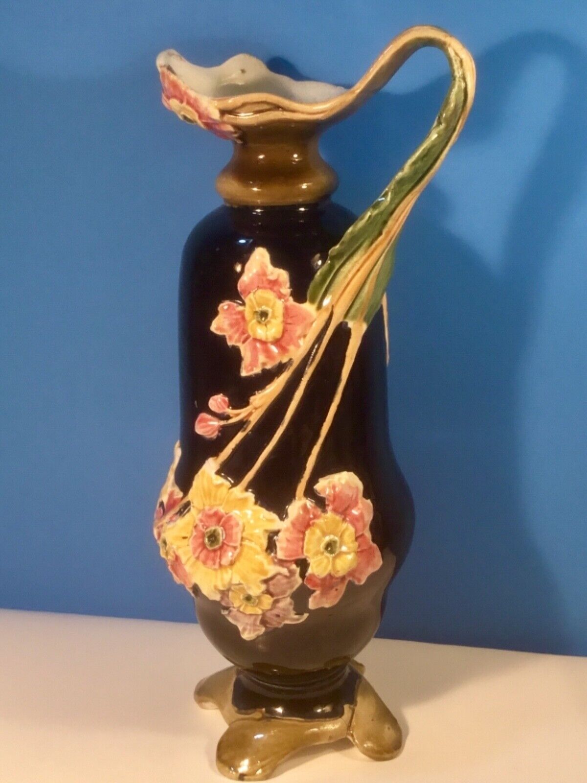 Art Nouveau Majolica Deep Blue Flowers Vase circa 1800's