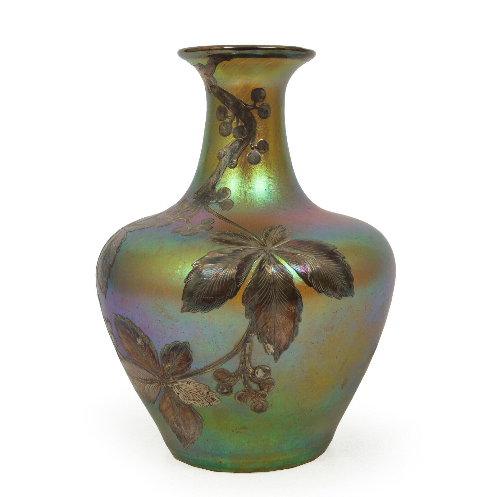 1900s Austrian Iridescent Glass Vase with Silver Overlay