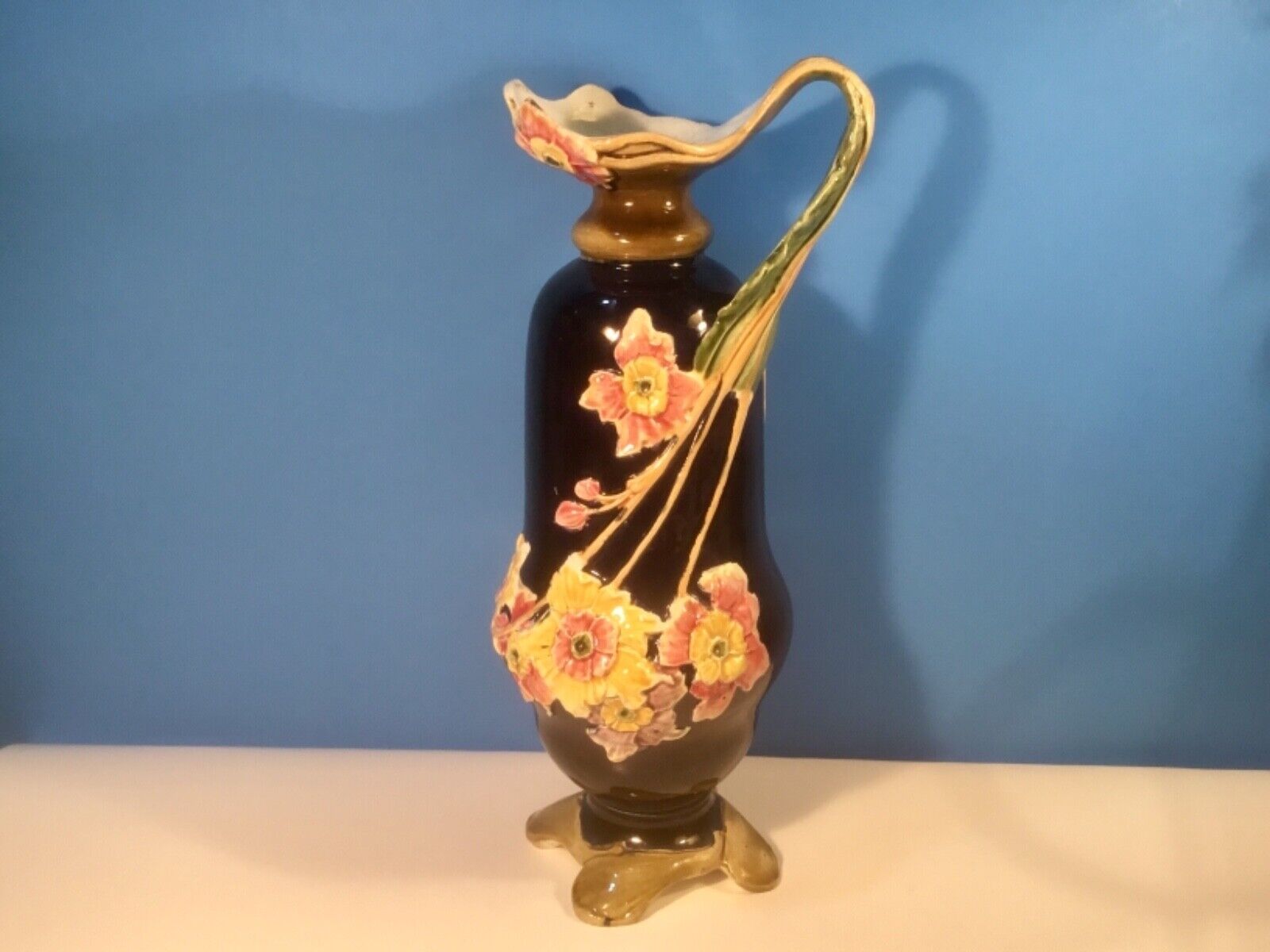 Art Nouveau Majolica Deep Blue Flowers Vase circa 1800's
