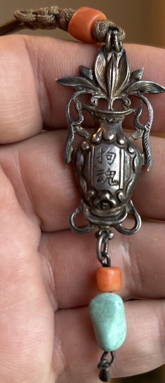 1800s Chinese Silver Amulet Vase with Coral & Turquoise