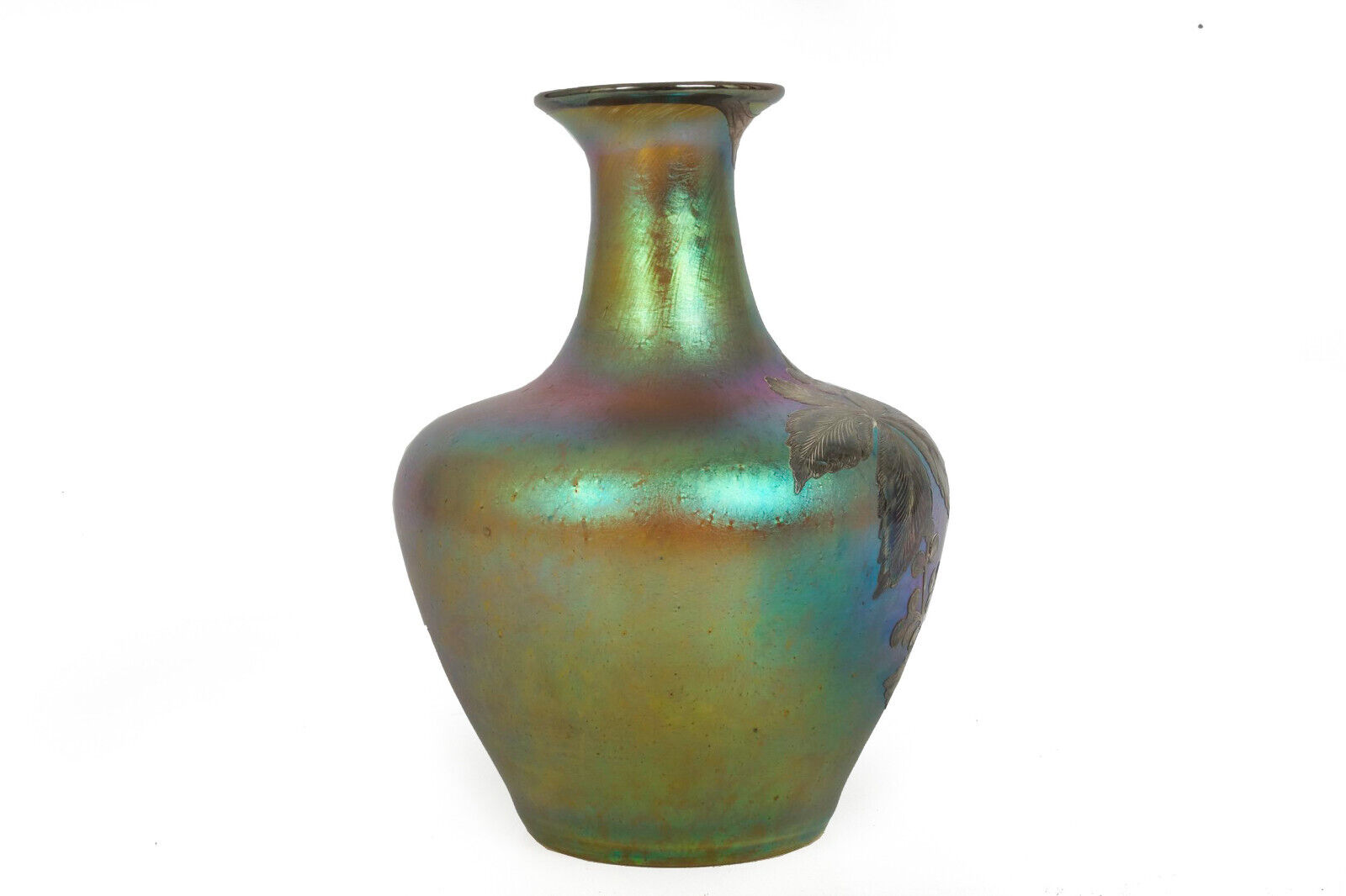 1900s Austrian Iridescent Glass Vase with Silver Overlay