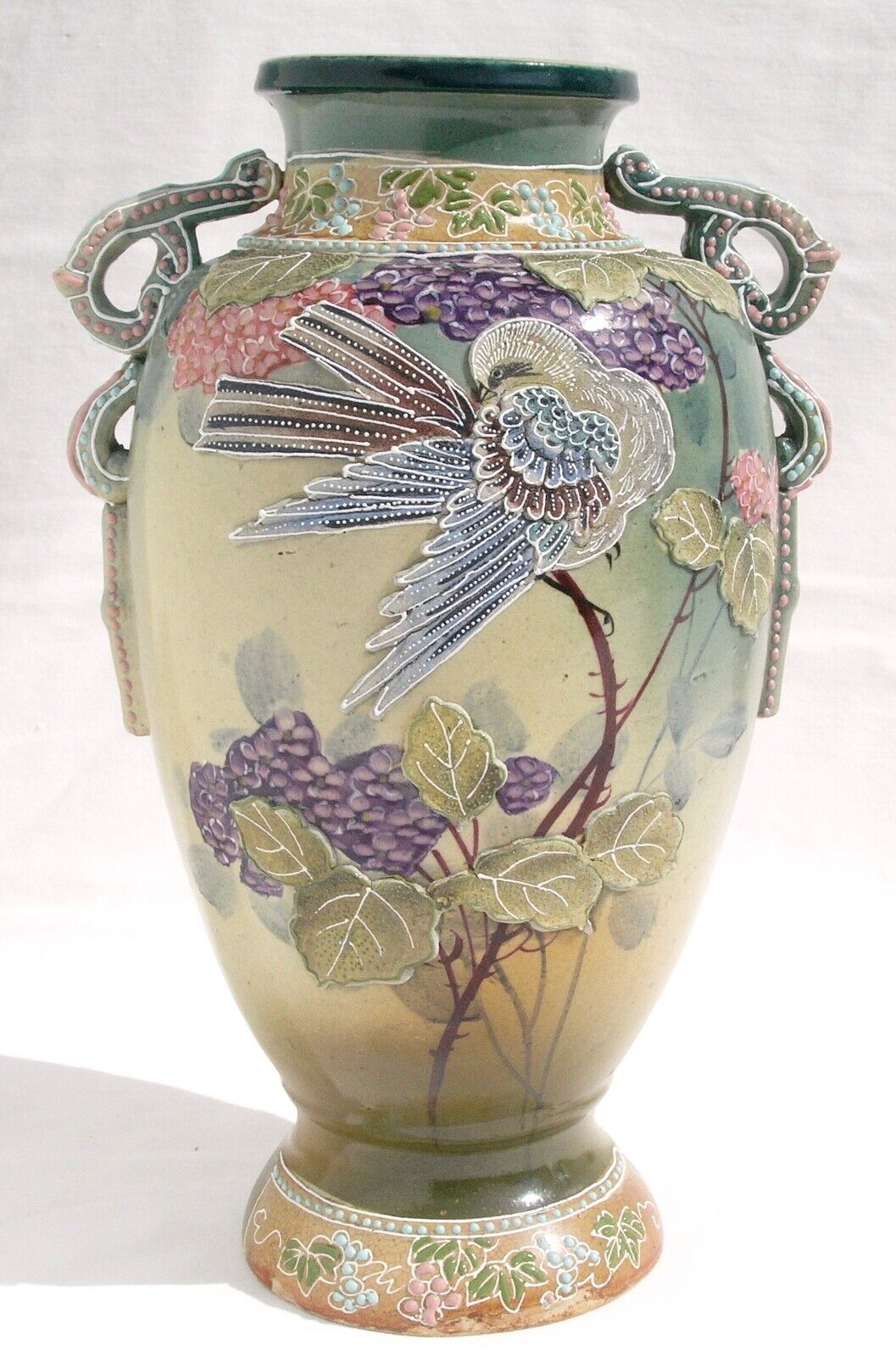 1900's Victorian Japanese Moriage Vase with Bird & Flowers
