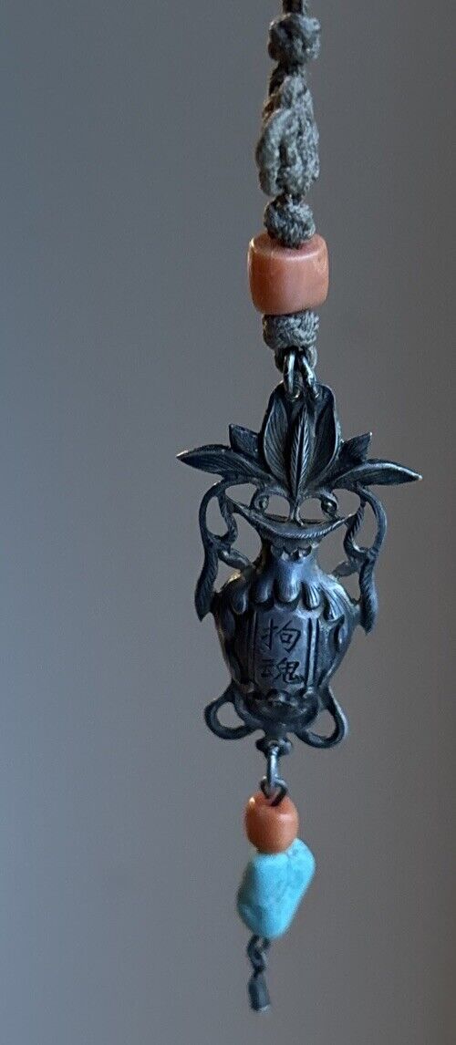 1800s Chinese Silver Amulet Vase with Coral & Turquoise