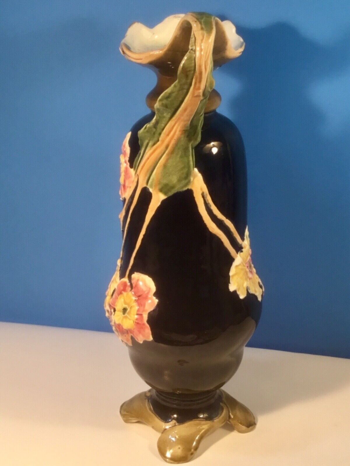 Art Nouveau Majolica Deep Blue Flowers Vase circa 1800's