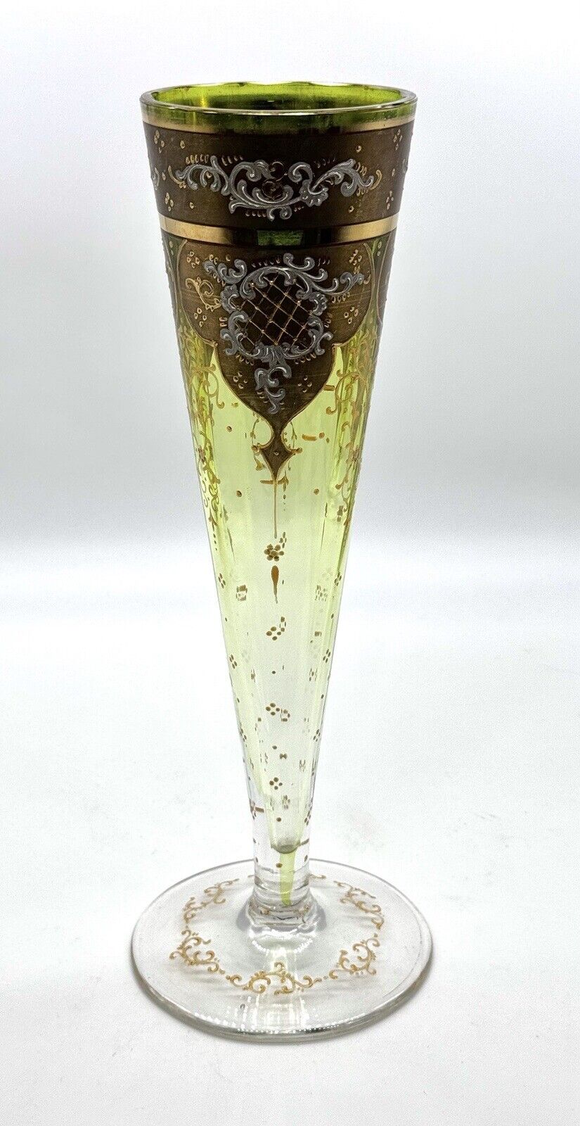 12" Moser Art Glass Trumpet Vase, 1900's Green