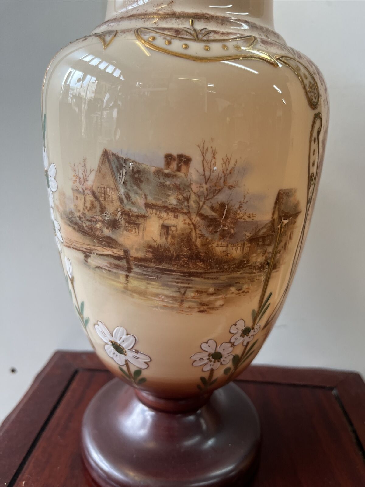 1900s Bristol Glass Floral Vase with Handpainted Design