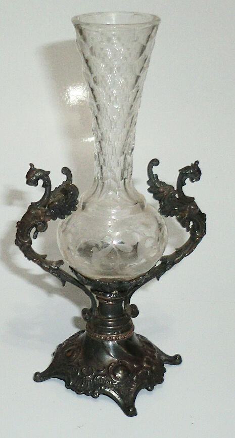 1800s Sterling Dragon Mythological Crystal Vase 4-3/4