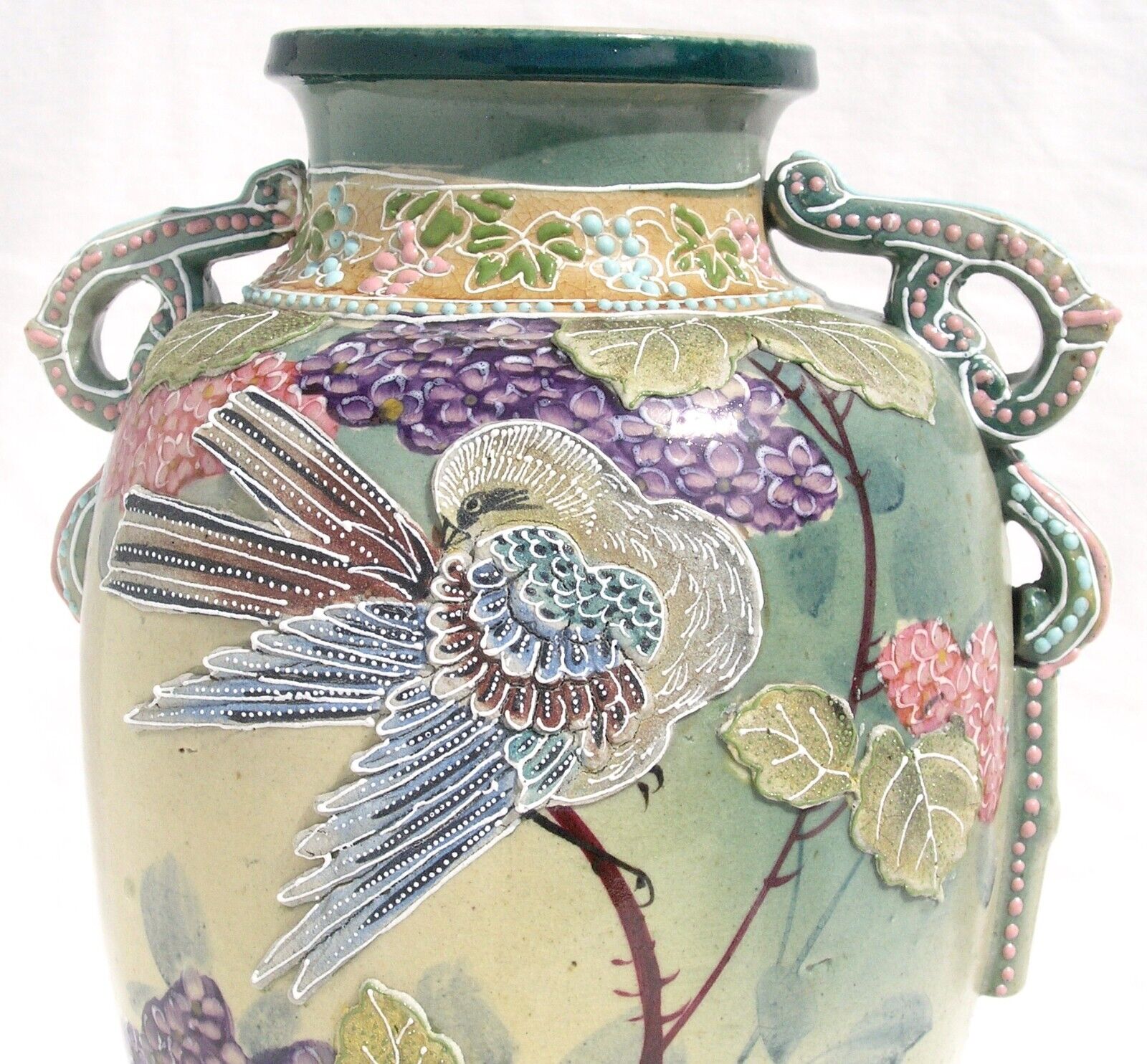 1900's Victorian Japanese Moriage Vase with Bird & Flowers